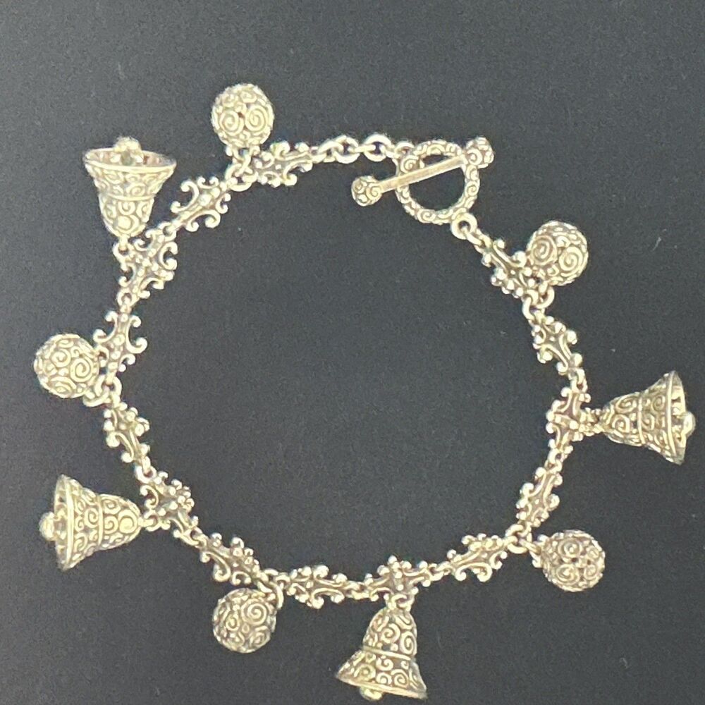 VINTAGE Nevada NV "Borobudur Bell" 925 Sterling Silver Bell Charm Bracelet